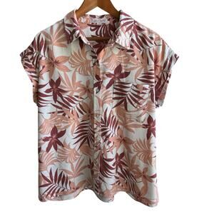 COASTAL COMFORT Top Womens L Tropical Palm Print Retro Hawaiian Surfer Vibe